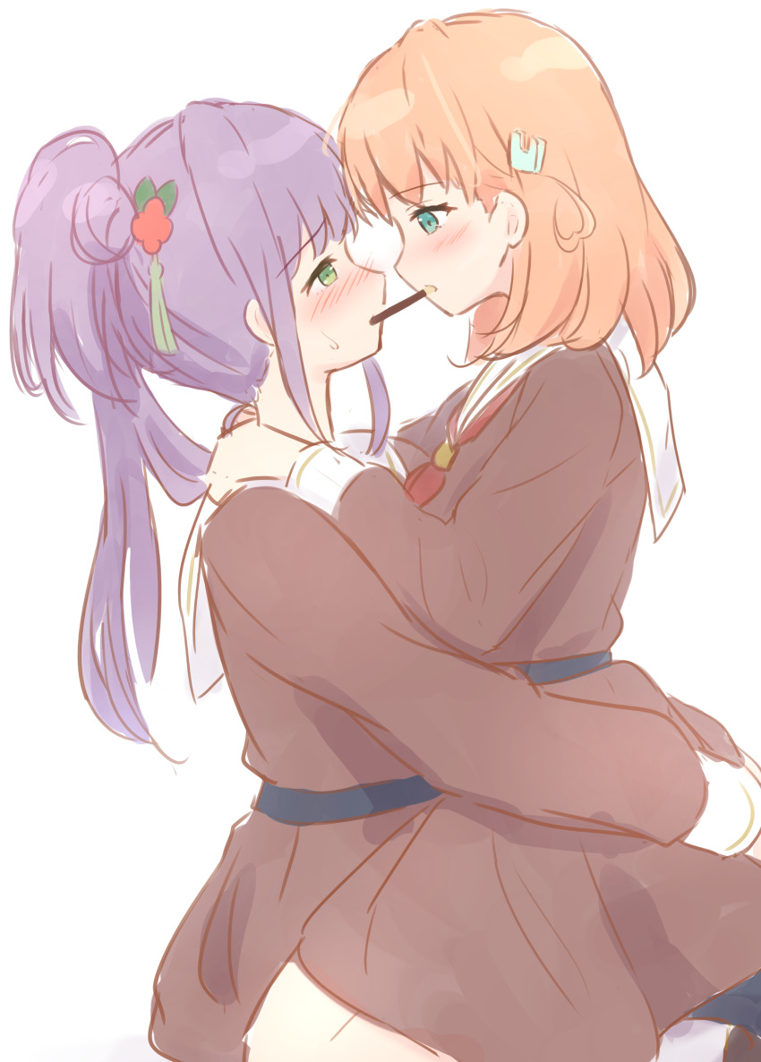 2girls absurdres aqua_eyes arms_around_waist blush brown_dress cerise_bouquet dress expressive_hair eye_contact face-to-face flower food food_in_mouth from_side green_eyes hair_bun hair_flower hair_ornament hands_on_another's_shoulders hasu_no_sora_school_uniform heart heart_hair highres hinoshita_kaho link!_like!_love_live! lone_nape_hair long_hair long_sleeves looking_at_another love_live! medium_dress medium_hair multiple_girls neckerchief nose_blush orange_hair otomune_kozue pleated_dress pocky pocky_kiss purple_hair rabbit_hair_ornament red_flower red_neckerchief sailor_collar sailor_dress school_uniform side_ponytail simple_background single_side_bun straddling sweatdrop two_side_up upright_straddle virtual_youtuber white_background white_sailor_collar winter_uniform yuri yutuki_ame