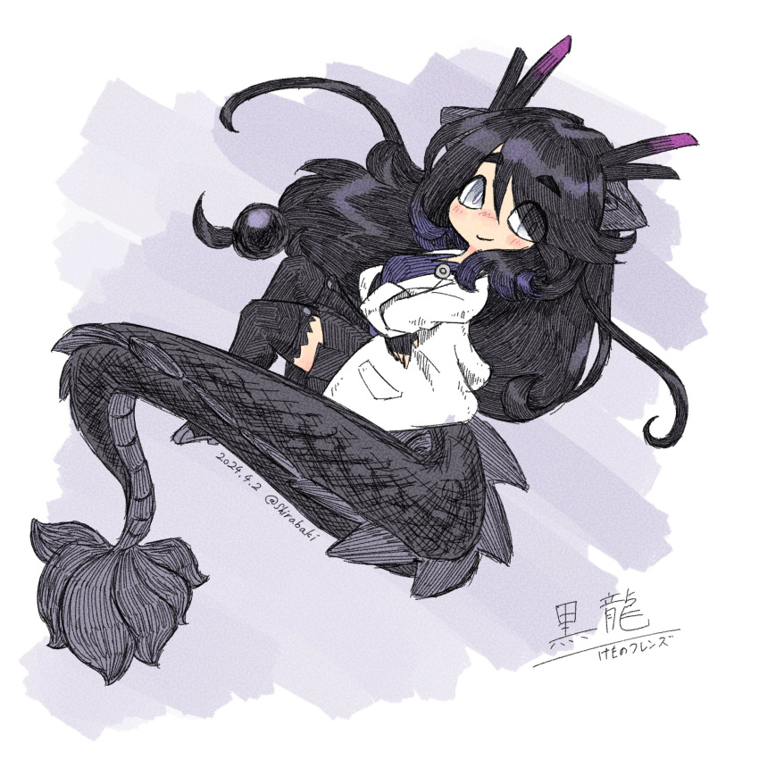 1girl animal_ears black_dragon_(kemono_friends) black_hair coat dragon_girl dragon_horns dragon_tail extra_ears fingerless_gloves full_body gloves grey_background grey_eyes highres horns kemono_friends long_hair looking_at_viewer shirabaki shirt simple_background skirt solo tail thigh-highs white_coat