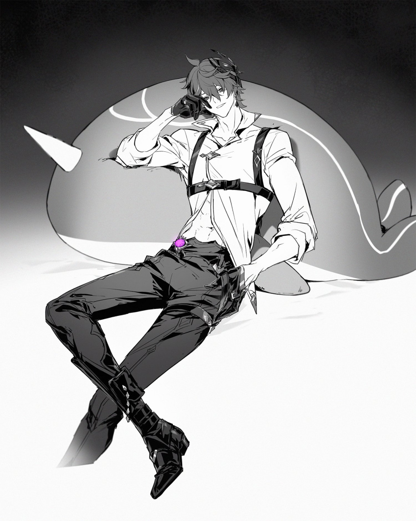 1boy ahoge belt black_background boots chest_harness collarbone collared_shirt commentary crossed_bangs crossed_legs dangle_earrings delusion_(genshin_impact) earrings foot_out_of_frame genshin_impact gloves gradient_background greyscale hair_between_eyes half_gloves hand_up harness highres jewelry long_sleeves looking_at_viewer male_focus mask mask_on_head monochrome pants parted_lips popped_collar ring sakon04 shirt short_hair simple_background single_earring sitting sleeves_rolled_up smile solo spot_color stuffed_animal stuffed_narwhal stuffed_toy symbol-only_commentary tartaglia_(genshin_impact) thigh_strap white_background