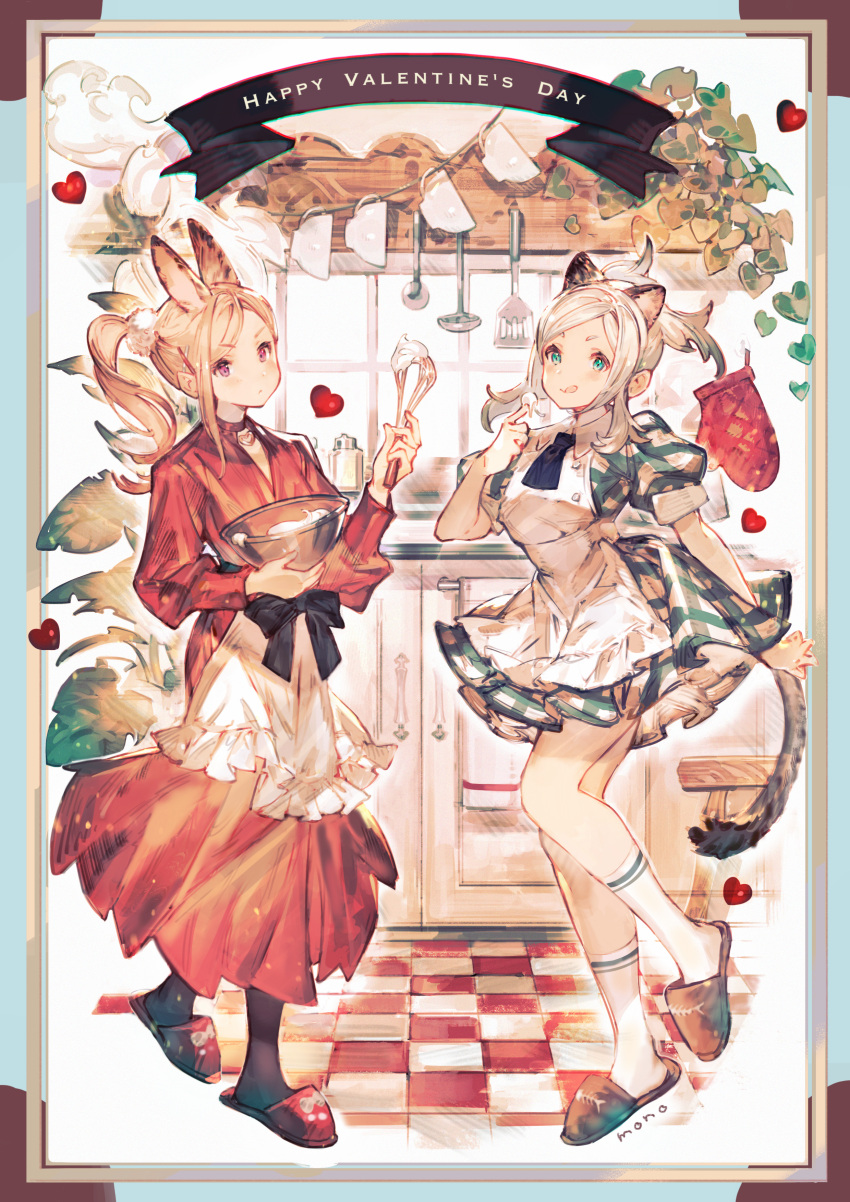 2girls :o :q absurdres animal_ears ankle_socks apron artist_name ascot black_ascot black_bow black_footwear black_pantyhose blonde_hair blue_border blue_dress blue_eyes blue_sleeves blue_wrist_cuffs border bow bowl buttons checkered_floor closed_mouth collar collared_dress commentary_request cup dress english_text frilled_apron frilled_dress frills full_body hair_ornament happy_valentine heart high_ponytail highres holding holding_bowl holding_whisk icing kitchen ladle leopard_ears leopard_tail long_dress long_hair long_sleeves mono_(monoia14) multiple_girls original oven_mitts pantyhose parted_lips plaid plaid_dress plaid_sleeves plaid_wrist_cuffs plant pleated_skirt pom_pom_(clothes) pom_pom_hair_ornament puffy_long_sleeves puffy_short_sleeves puffy_sleeves rabbit_ears red_dress red_footwear red_sleeves short_dress short_sleeves sidelocks single_wrist_cuff sink skirt slippers smile socks spatula tail teacup tongue tongue_out vines violet_eyes waist_apron waist_bow whisk white_apron white_background white_collar white_hair white_socks window wrist_cuffs