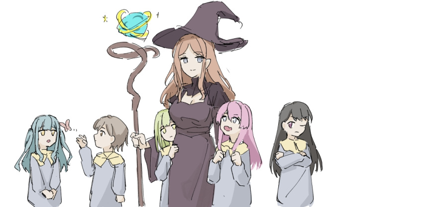 6+girls aged_down bang_dream! bang_dream!_it's_mygo!!!!! black_dress black_hair black_hat blue_hair breasts brown_eyes brown_hair bug butterfly chihaya_anon child closed_mouth commentary_request crossed_arms deep_dig dress fang green_hair grey_dress grey_eyes grey_hair hat holding holding_staff large_breasts long_sleeves multiple_girls nagasaki_soyo one_eye_closed open_mouth pink_butterfly pink_hair shiina_taki short_hair simple_background skin_fang staff takamatsu_tomori togawa_sakiko two_side_up wakaba_mutsumi white_background witch_hat yellow_eyes