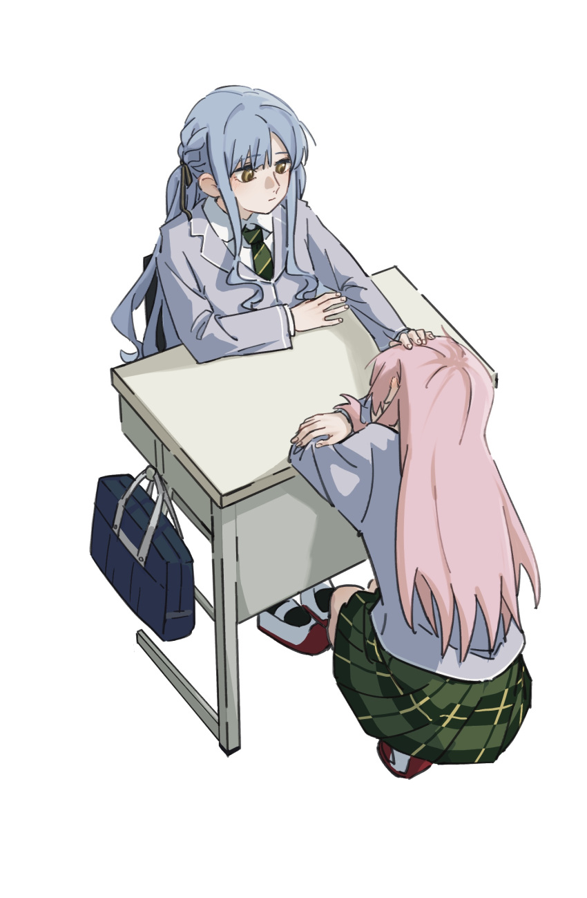 2girls bag bang_dream! bang_dream!_it's_mygo!!!!! blue_hair braid chihaya_anon closed_mouth collared_shirt commentary dated_commentary desk french_braid green_necktie green_skirt grey_jacket hand_on_another's_head hanemi haneoka_school_uniform head_on_arm headpat highres jacket long_hair long_sleeves looking_at_another multiple_girls necktie pink_hair plaid plaid_skirt pleated_skirt school_bag school_desk school_uniform shirt simple_background sitting skirt squatting togawa_sakiko white_background white_shirt yellow_eyes
