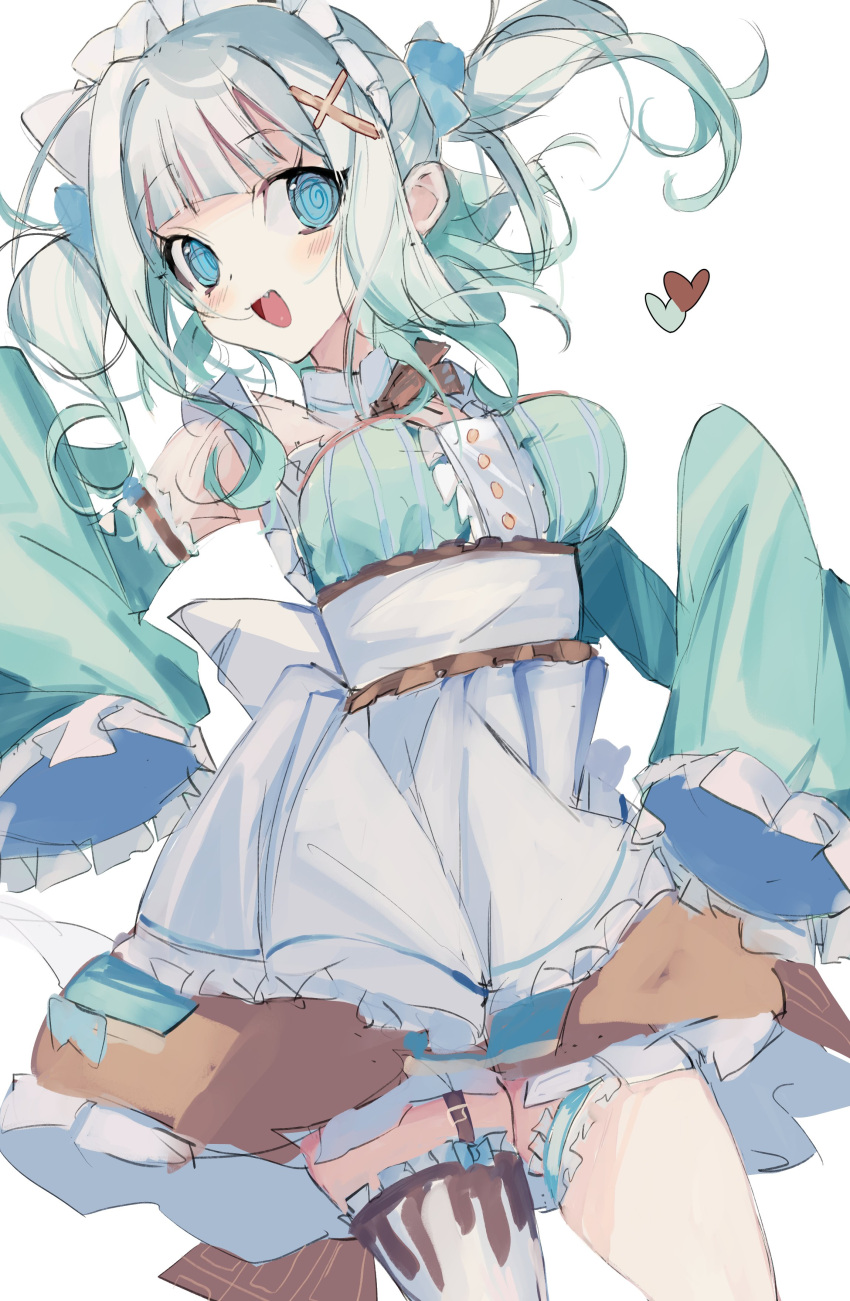 1girl absurdres blue_eyes blush bow breasts dizzy_(nadecola9) dress frilled_dress frills ghost gradient_hair green_dress green_hair hair_bow highres indie_virtual_youtuber long_hair maid maid_headdress medium_breasts mint_fantome multicolored_hair open_mouth simple_background single_thighhigh sleeves_past_fingers sleeves_past_wrists smile solo standing thigh-highs thigh_strap two_side_up virtual_youtuber white_background white_hair