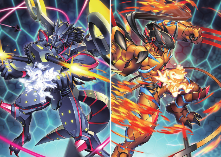 1boy abs agumon agumon_-yuki_no_kizuna- arm_cannon armor black_hair blue_stripes claws clenched_hand colored_skin commentary_request crossed_arms crotch_plate dark-skinned_male dark_skin digimon digimon_(creature) digimon_card_game dinosaur dual_arm_cannons evolutionary_line fewer_digits fire firing full_armor gabumon gabumon_-yujo_no_kizuna- glowing_lines green_eyes helmet highres horns mask mechanical_wings muscular muscular_male official_art orange_skin outstretched_arm red_eyes red_nails redhead scarf second-party_source sharp_teeth single_horn tail teeth tonami_kanji weapon wings