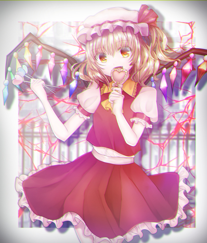 1girl absurdres ascot blonde_hair candy candy_heart cowboy_shot crystal_wings dress flandre_scarlet food frilled_dress frills hat highres holding holding_candy holding_food jiujiu1115 mob_cap puffy_short_sleeves puffy_sleeves red_eyes short_sleeves side_ponytail solo touhou yellow_ascot