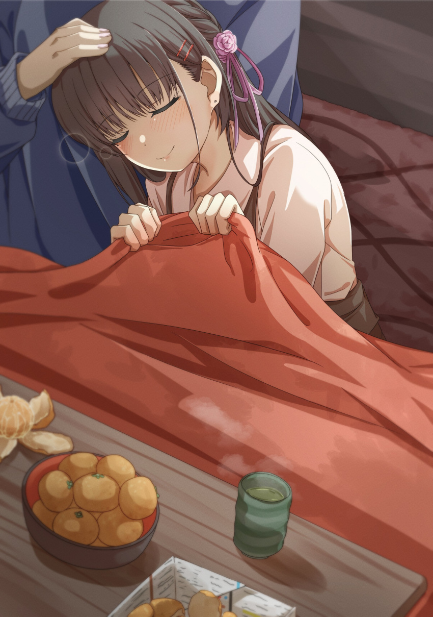 1girl 1other absurdres black_hair blush cafe_stella_to_shinigami_no_chou closed_eyes closed_mouth commentary cup earrings flower food fruit hair_behind_ear hair_between_eyes hair_flower hair_ornament hair_ribbon hairclip happy haribo_no_suke headpat highres hug indoors jewelry kotatsu long_hair mandarin_orange mole mole_under_eye pink_flower pink_ribbon pink_rose ribbon rose shiki_natsume shirt sitting skirt smile solo_focus split_mouth steam straight_hair stud_earrings suspender_skirt suspenders table tea under_kotatsu under_table white_shirt