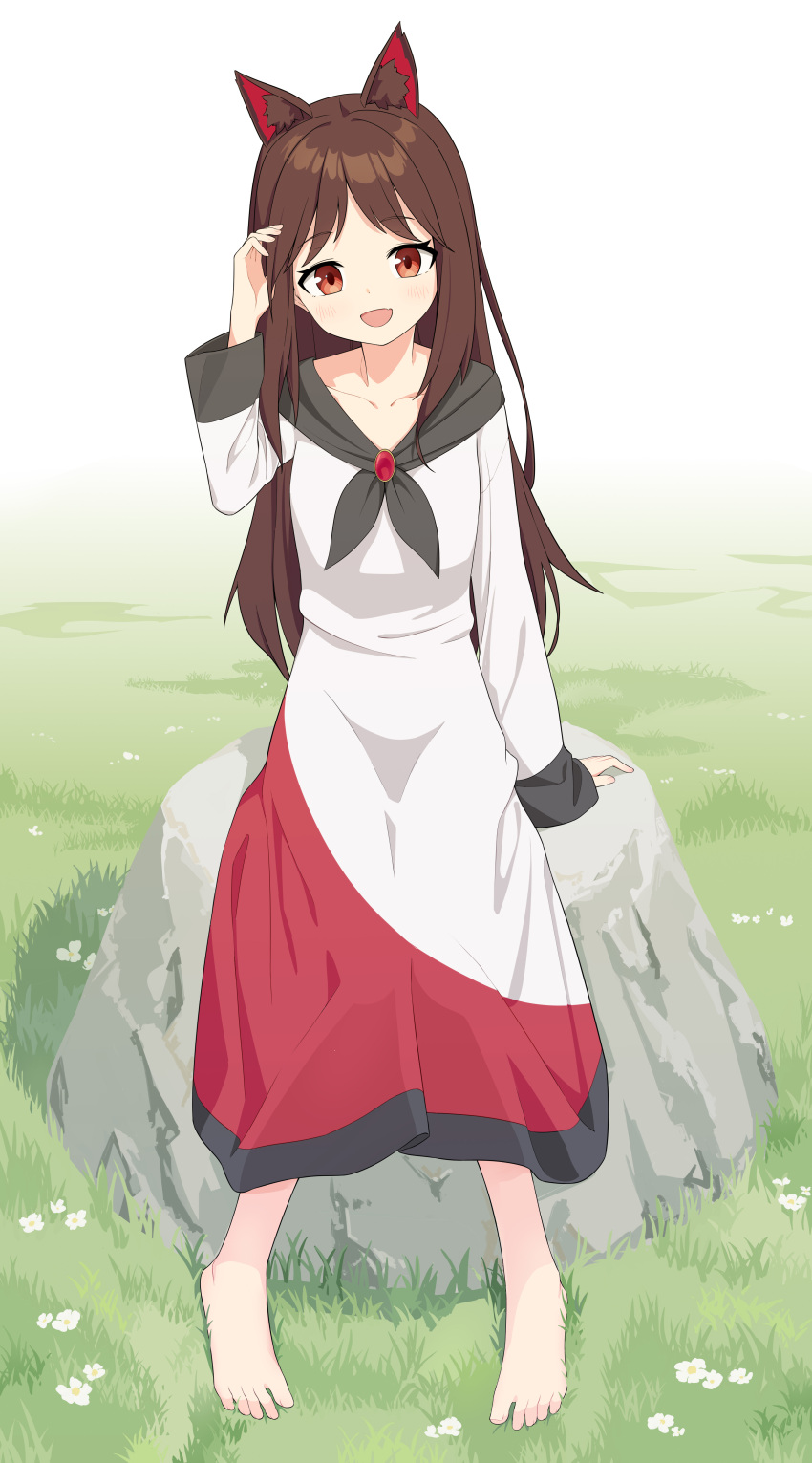 1girl :d absurdres animal_ear_fluff animal_ears aqoot arm_up barefoot brooch brown_hair dress fang feet flower full_body gem grass hand_in_own_hair highres imaizumi_kagerou jewelry long_dress long_hair looking_at_viewer multicolored_clothes multicolored_dress open_mouth outdoors red_eyes red_gemstone rock sidelocks sitting sitting_on_rock skin_fang smile solo toes touhou very_long_hair white_dress white_flower wide_sleeves wolf_ears