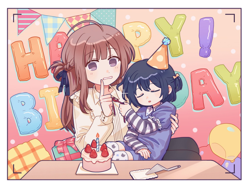 2girls aged_down ahoge artist_request balloon birthday_cake black_ribbon blue_hair blush box brown_hair cake cake_slicer child closed_eyes commentary_request commission dress finger_to_mouth food fruit gift gift_box hair_ribbon happy_birthday hat highres indoors long_hair long_sleeves looking_at_viewer miyagi_shiori multiple_girls parted_lips party_hat purple_dress ribbon second-party_source sendai_hazuki shushing shuuniichido_classmate_wo_kau_hanashi sitting sitting_on_lap sitting_on_person strawberry violet_eyes