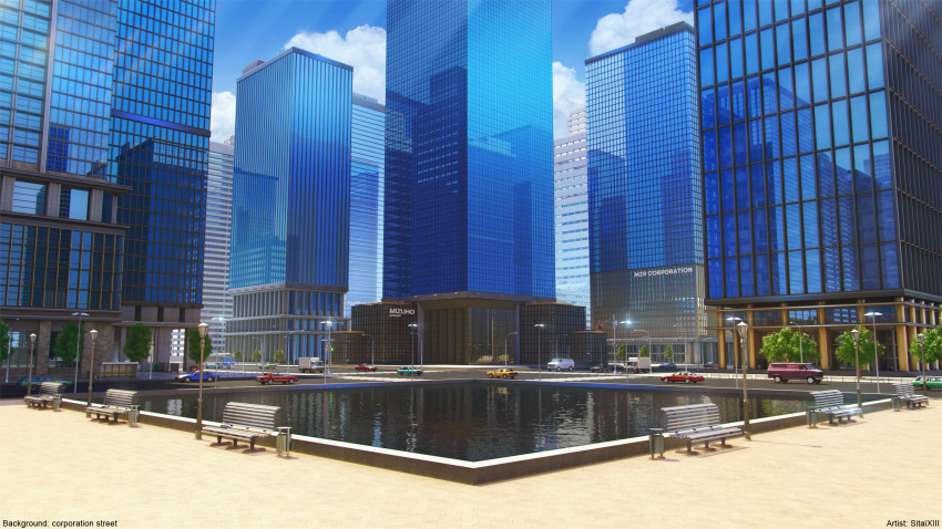 3d bench blue_sky building car city cityscape clouds commentary_request day highres intersection lamppost motor_vehicle no_humans original outdoors park_bench reflecting_pool reflection road scenery sitai_xiii sky skyscraper tree window
