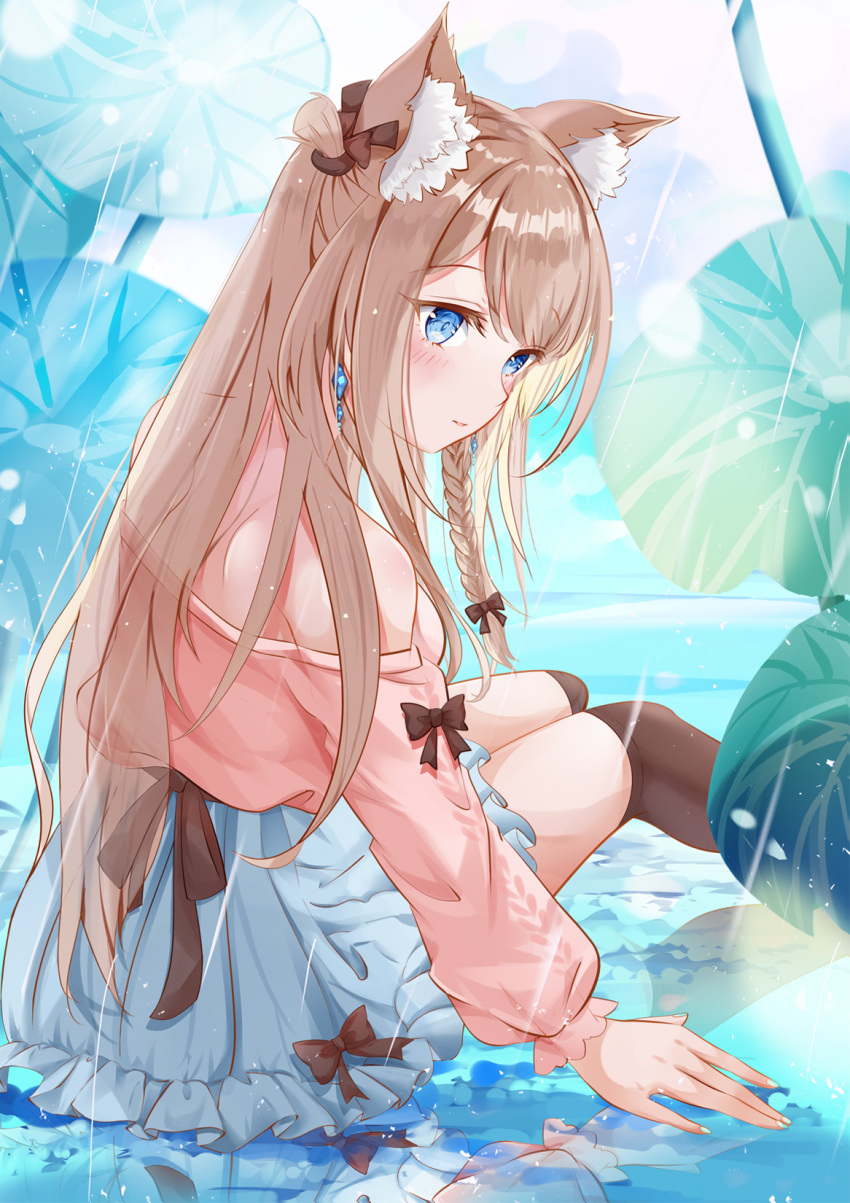 1girl animal_ear_fluff animal_ears black_bow blue_eyes blue_skirt blush bow braid brown_bow brown_hair brown_socks cat_ears commentary_request earrings frilled_skirt frills highres jewelry long_hair long_sleeves mutang off-shoulder_shirt off_shoulder original over-kneehighs parted_lips pink_shirt puffy_long_sleeves puffy_sleeves rain reflection shirt sitting skirt socks solo thigh-highs very_long_hair water