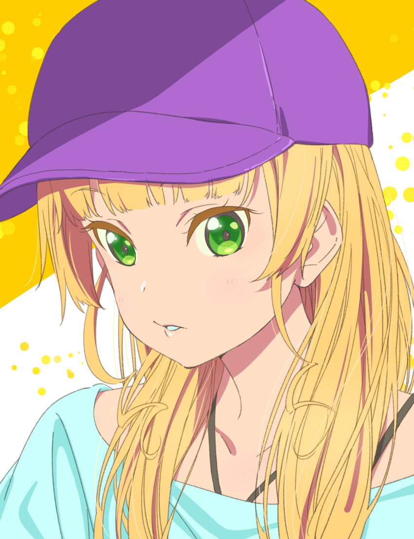 1girl baseball_cap black_straps blonde_hair blue_shirt blunt_bangs collarbone commentary_request curly_sidelocks green_eyes hat heanna_sumire highres light_blush long_hair looking_at_viewer love_live! love_live!_superstar!! parted_lips portrait purple_hat sano_keiichi shirt solo straight_hair strap two-tone_background white_background yellow_background