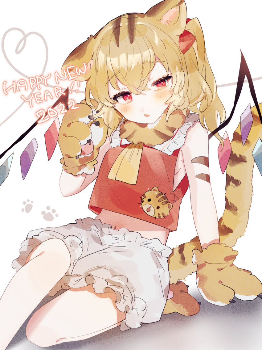1girl animal_ears animal_hands ascot blonde_hair bloomers crop_top crystal_wings flandre_scarlet happy_new_year heart highres midriff red_eyes simple_background sleeveless solo sorani_(kaeru0768) tail tiger_ears tiger_girl tiger_tail touhou white_background white_bloomers yellow_ascot