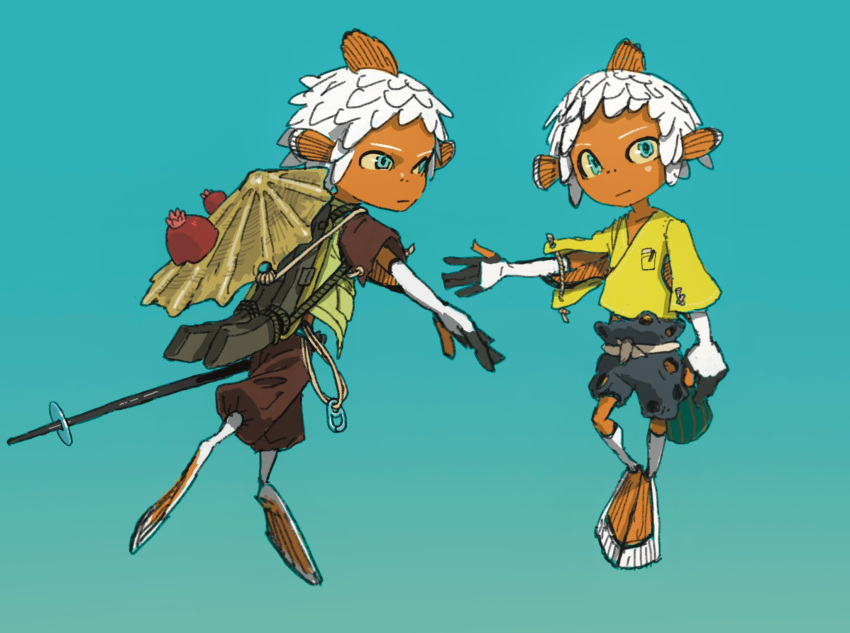 1boy animal_feet aqua_background baggy_pants blue_eyes brown_shorts closed_mouth colored_sclera colored_skin fins fish_boy full_body green_vest hand_up head_fins highres holding holding_polearm holding_weapon looking_at_viewer male_focus monster_boy multiple_views orange_skin original pants polearm shirt short_hair shorts simple_background spear umbs_iso vest weapon white_hair yellow_sclera yellow_shirt