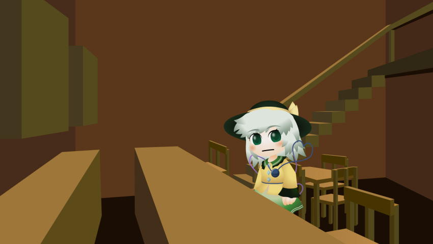 1girl :| bar_(place) blush bow buttons cel_shading chair chibi closed_mouth collared_shirt commentary counter cowboy_shot diamond_button english_commentary expressionless eyeball frilled_shirt_collar frilled_sleeves frills green_eyes green_hat green_skirt grey_hair hat hat_bow heart heart_of_string highres indoors komeiji_koishi kouki_(nowlearning) long_sleeves looking_at_viewer medium_bangs parody shirt skirt solo table the_town_with_no_name third_eye touhou yellow_bow yellow_shirt