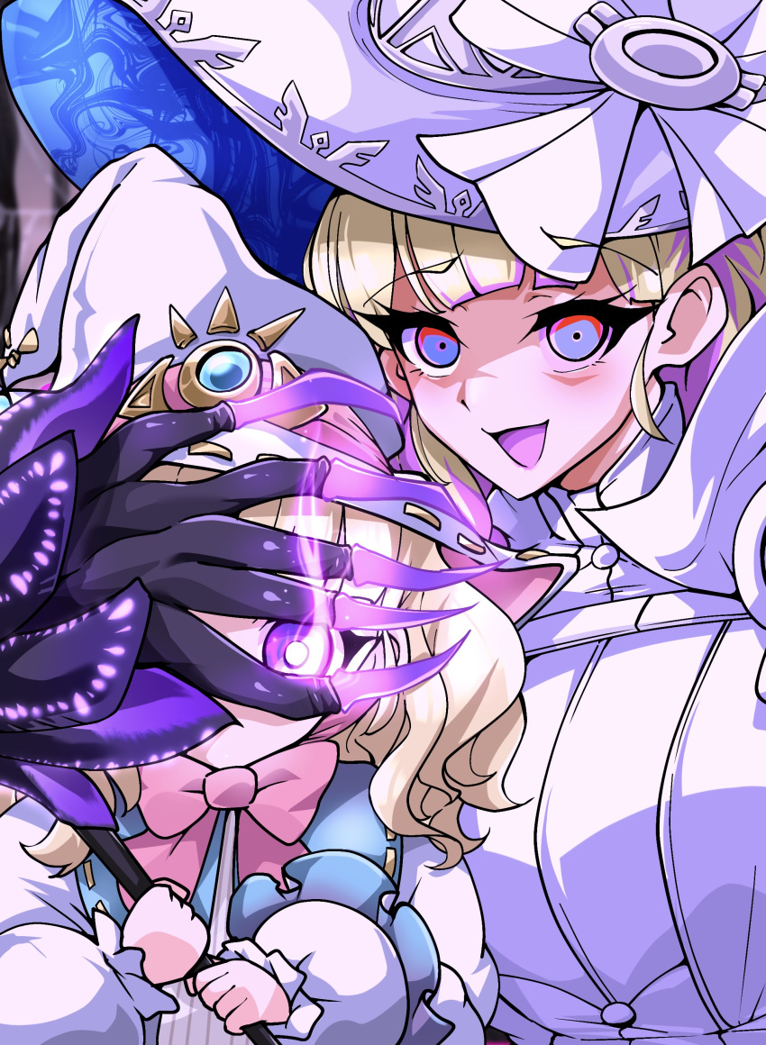 2girls absurdres age_difference blonde_hair blunt_bangs claws covering_another's_eyes diabellze_the_original_sinkeeper dual_persona duel_monster evil_smile fingernails glowing glowing_eyes hat highres jumpsuit long_fingernails looking_at_viewer multiple_girls puffy_sleeves purple_hair risette_of_the_white_woods smile violet_eyes white_jumpsuit witch_hat yu-gi-oh! yurume_ami