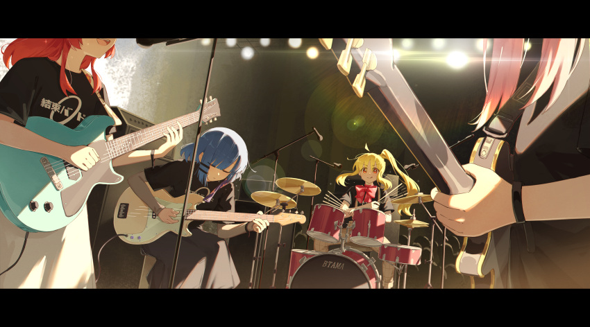 4girls :d :q absurdres black_shirt blonde_hair blue_hair bocchi_the_rock! bow bowtie bracelet closed_eyes drum drum_set gotoh_hitori guitar hair_ornament hairclip highres holding holding_instrument ijichi_nijika instrument jewelry jl_tan kita_ikuyo lens_flare long_hair medium_hair multiple_girls music pink_hair playing_instrument red_bow red_bowtie redhead shirt short_sleeves side_ponytail sitting smile stage_lights standing tongue tongue_out yamada_ryo