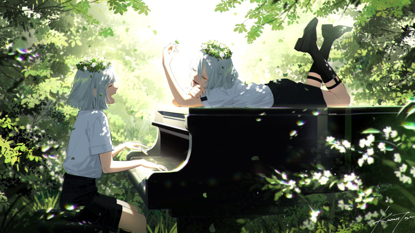 2girls artist_name black_footwear black_shorts black_socks blunt_ends closed_eyes dappled_sunlight day facing_another field flower_wreath from_side grand_piano grey_hair hand_on_own_arm head_wreath highres holding holding_leaf instrument kazari_tayu leaf legs_up loafers lower_teeth_only lying multiple_girls music on_stomach open_mouth original outdoors piano playing_instrument playing_piano profile shirt shirt_tucked_in shoes short_hair short_sleeves shorts signature sitting socks sunlight teeth white_shirt wreath