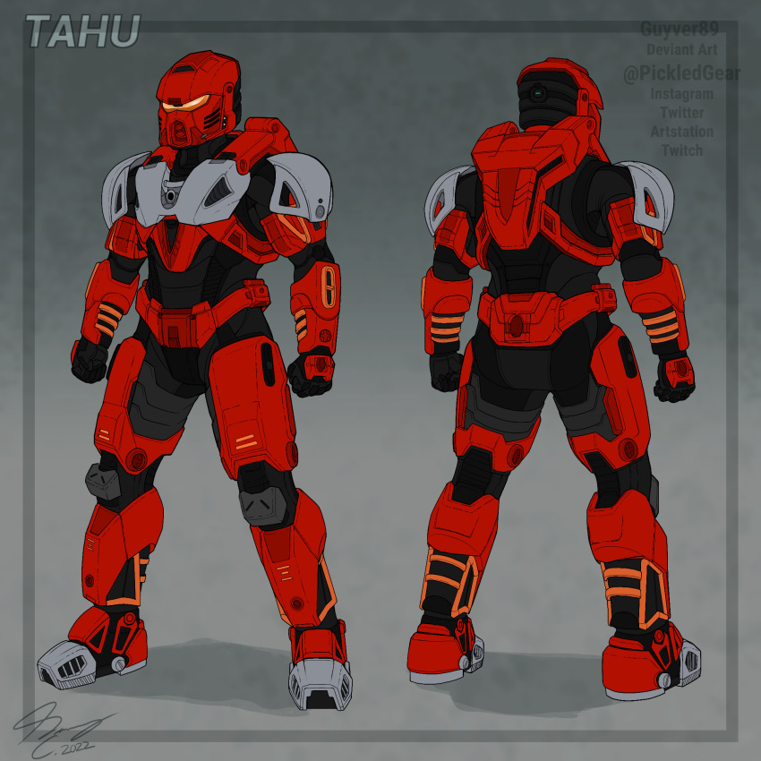 1boy 2022 armor assault_visor bionicle character_name clenched_hands commission full_body grey_background halo_(series) helmet highres humanization multiple_views pickledgear power_armor shadow signature solo spartan_(halo) standing tahu_(bionicle) the_lego_group twitter_username
