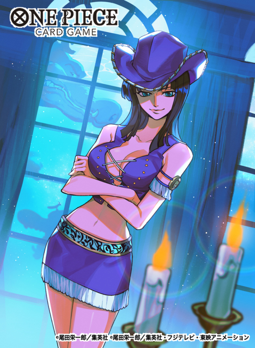 1girl armlet black_hair blue_eyes candle candlelight commentary_request copyright_name cowboy_hat cowboy_shot crocodile crocodilian crop_top cross-laced_clothes cross-laced_top crossed_arms hat highres medium_hair navel nico_robin official_art one_piece one_piece_card_game purple_hat purple_shirt purple_skirt shirt skirt sleeveless smile solo sunohara_(encount)