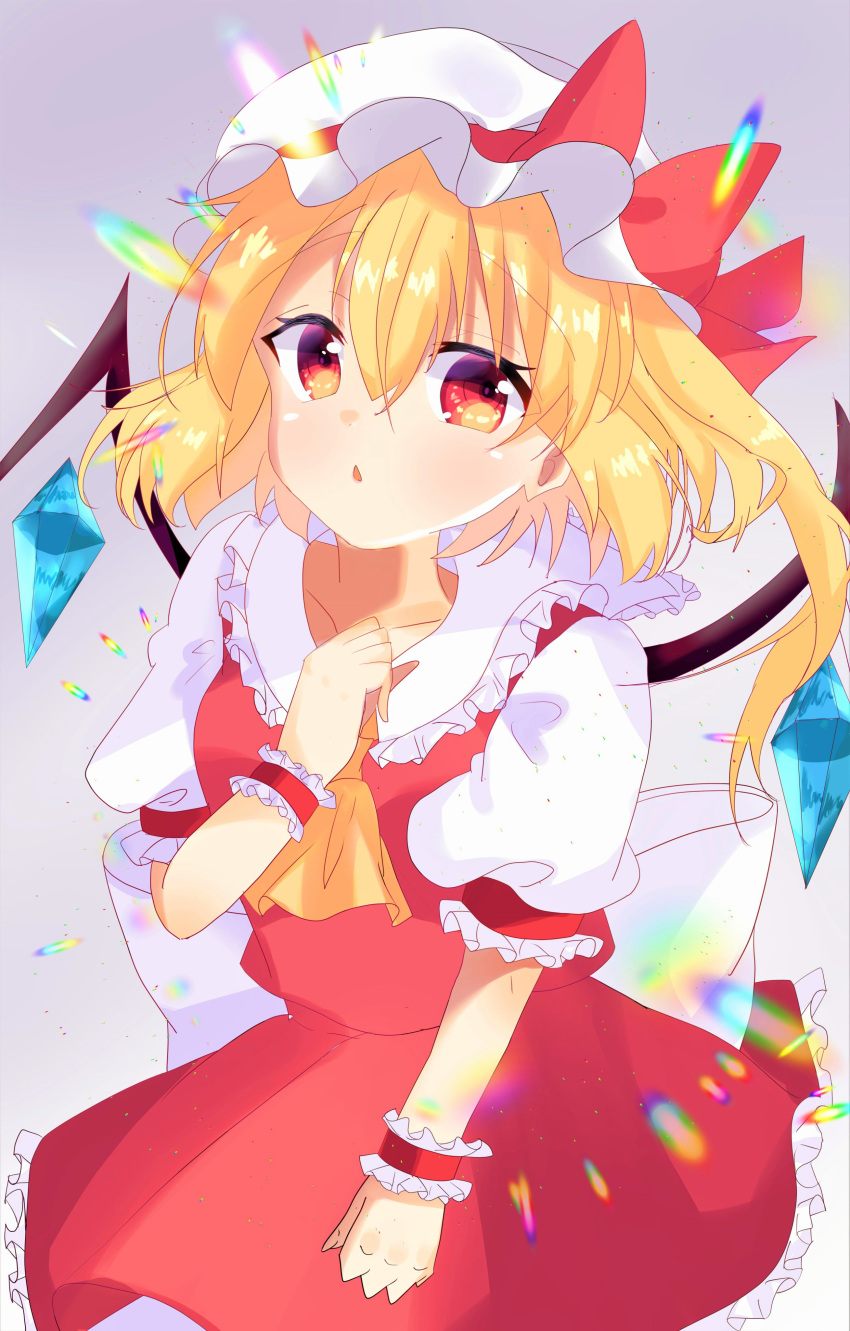 1girl absurdres ascot back_bow blonde_hair bow breasts collarbone collared_shirt cowboy_shot crystal flandre_scarlet frilled_shirt_collar frilled_skirt frilled_sleeves frills gradient_background grey_background hair_between_eyes hat hat_ribbon head_tilt highres huge_bow iris_(airisu495) large_bow looking_at_viewer medium_hair mob_cap one_side_up open_mouth puffy_short_sleeves puffy_sleeves red_eyes red_ribbon red_skirt red_vest ribbon ribbon-trimmed_headwear ribbon_trim shirt short_sleeves simple_background skirt skirt_set sleeve_ribbon small_breasts solo touhou triangle_mouth vest white_hat white_shirt wings wrist_cuffs yellow_ascot