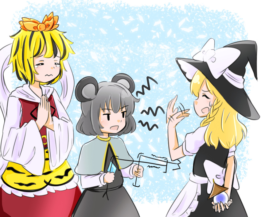 3girls animal_ears animal_print apron bishamonten's_pagoda black_hair blonde_hair bow braid capelet dowsing_rod grey_capelet grey_hair hagoromo hair_bow hat hat_bow highres jewelry kirisame_marisa long_hair long_sleeves mouse_ears multicolored_hair multiple_girls nazrin open_mouth own_hands_together palms_together pendant shawl short_hair short_sleeves side_braid single_braid sweatdrop tiger_print toramaru_shou touhou two-tone_hair waist_apron white_bow witch_hat yakousei_no_kame