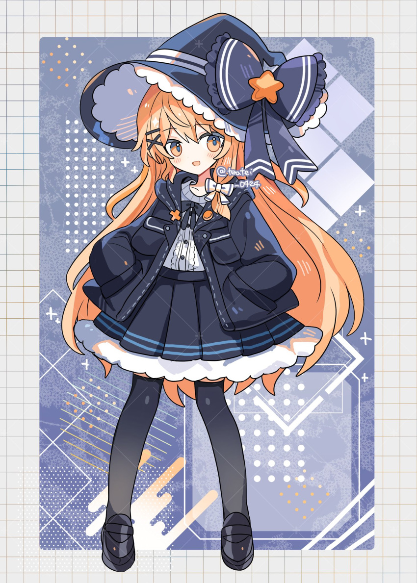 1girl :d alternate_costume black_bow black_coat black_footwear black_hat black_ribbon black_skirt black_thighhighs blonde_hair blue_background blush border bow coat commentary_request cross_hair_ornament frilled_bow frilled_hat frilled_skirt frills full_body hair_between_eyes hair_bow hair_ornament hairclip hands_in_pockets hat hat_bow highres kirisame_marisa loafers long_hair long_sleeves looking_at_viewer neck_ribbon open_mouth outside_border pleated_skirt ribbon shirocha_tei shirt shoes skirt smile solo standing star_(symbol) thigh-highs touhou twitter_username white_border white_bow white_shirt witch_hat yellow_eyes zettai_ryouiki