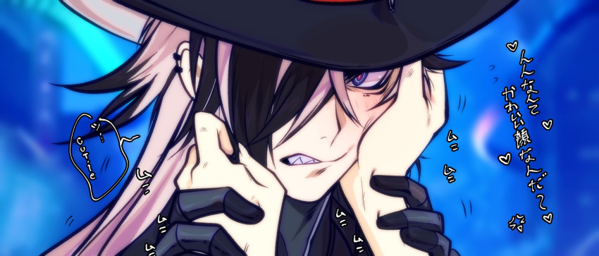 1boy black_hair blurry blush boothill_(honkai:_star_rail) clenched_teeth commentary commentary_request depth_of_field ear_piercing embarrassed female_pov glaring hair_over_one_eye hands_on_another's_cheeks hands_on_another's_face hat highres holding_another's_wrist honkai:_star_rail honkai_(series) jonya long_hair looking_at_viewer male_focus motion_lines multicolored_eyes multicolored_hair piercing pov pov_hands sharp_teeth split-color_hair teeth white_hair