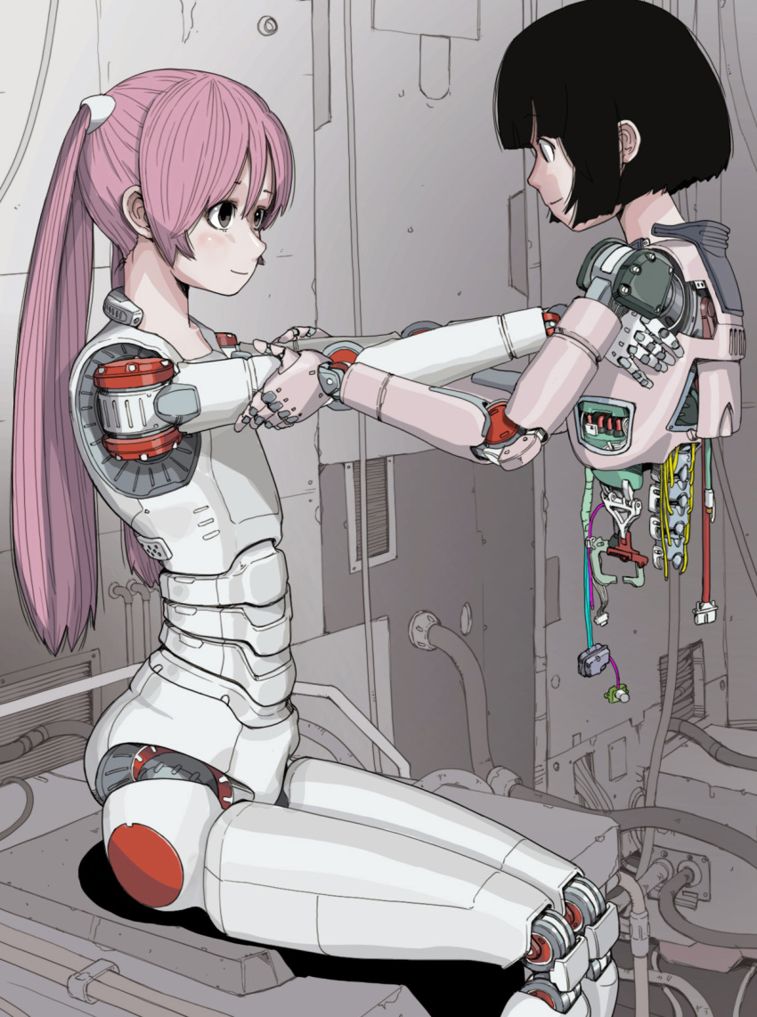 2girls black_hair bob_cut full_body highres humanoid_robot joints long_hair looking_at_another mechanical_arms multiple_girls original pink_hair robot robot_girl robot_joints sitting sukabu wire