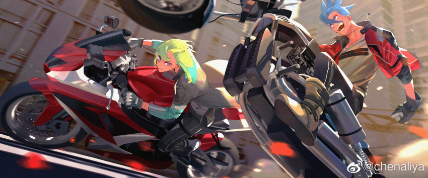 2boys blue_hair boots chenalii chinese_commentary coat commentary_request galo_thymos gloves green_hair highres jacket lio_fotia long_coat male_focus motor_vehicle motorcycle multiple_boys on_motorcycle open_mouth pants promare short_hair smile spiky_hair violet_eyes weibo_logo weibo_username wheelie