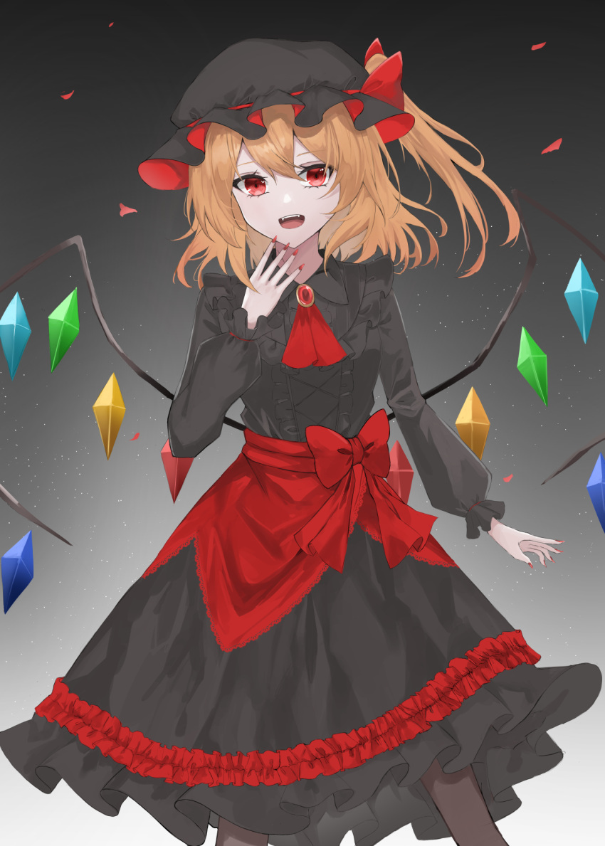 1girl :d adapted_costume arm_at_side ascot black_hat black_shirt black_skirt blonde_hair bow center_frills commentary_request commission crystal double-parted_bangs eyelashes fangs feet_out_of_frame fingernails flandre_scarlet floating_hair frilled_shirt frilled_skirt frills gem gothic_lolita grey_background hair_between_eyes hand_up hat hat_bow highres kuro_wa_shinoru light_particles lolita_fashion long_fingernails long_sleeves looking_at_viewer medium_hair mob_cap open_mouth puffy_long_sleeves puffy_sleeves red_ascot red_bow red_eyes red_gemstone red_nails sharp_fingernails shirt side_ponytail simple_background skeb_commission skirt smile solo standing teeth touhou tsurime upper_teeth_only wings