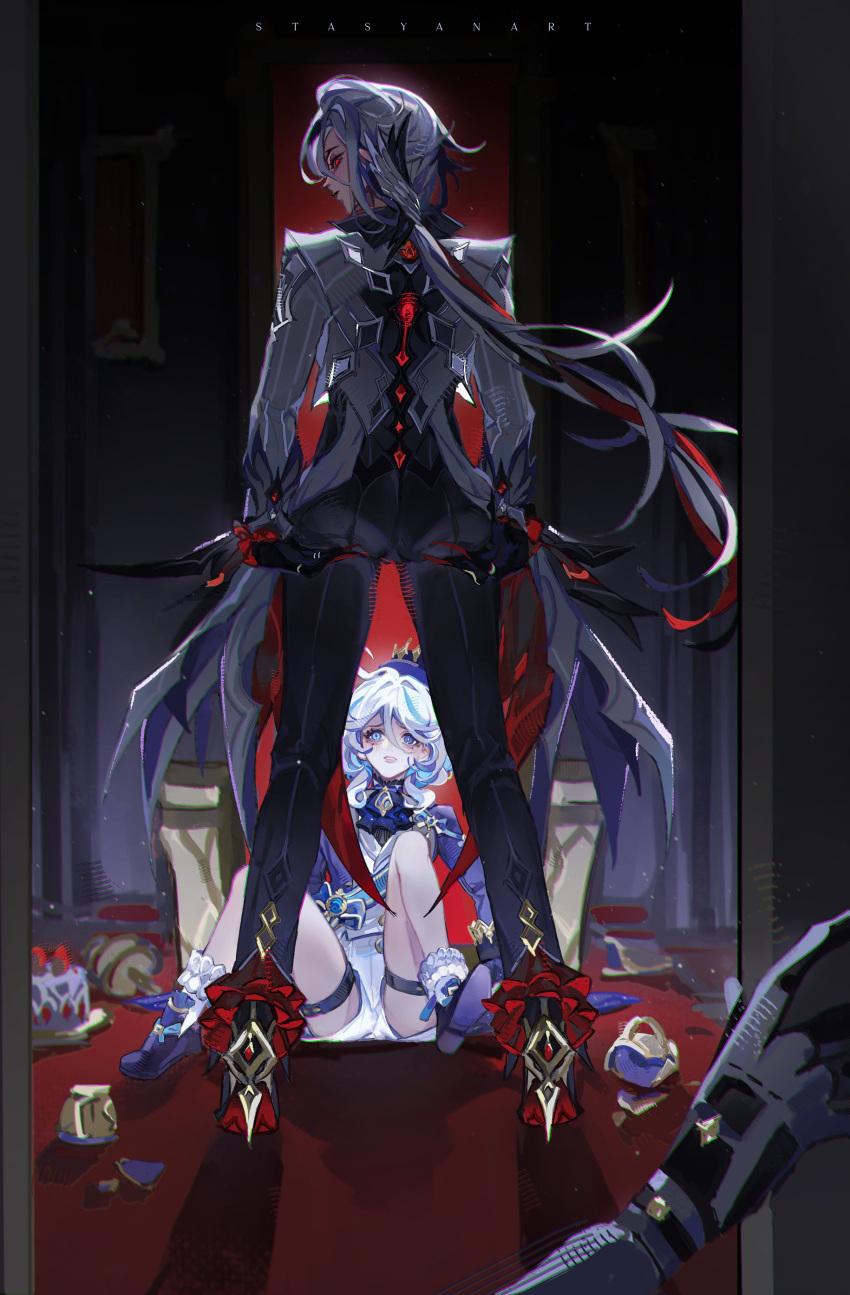 2girls absurdres arlecchino_(genshin_impact) arms_behind_back artist_name ascot ass black_hair black_pants blue_ascot blue_brooch blue_hair blue_jacket chair coat doorway drop-shaped_pupils fingernails from_behind furina_(genshin_impact) genshin_impact grey_coat hat high_heels highres jacket light_blue_hair long_fingernails long_hair looking_to_the_side multicolored_hair multiple_girls pants red_carpet red_pupils short_hair shorts sitting standing stasyanart streaked_hair symbol-shaped_pupils thigh_strap top_hat two-tone_hair white_hair white_shorts