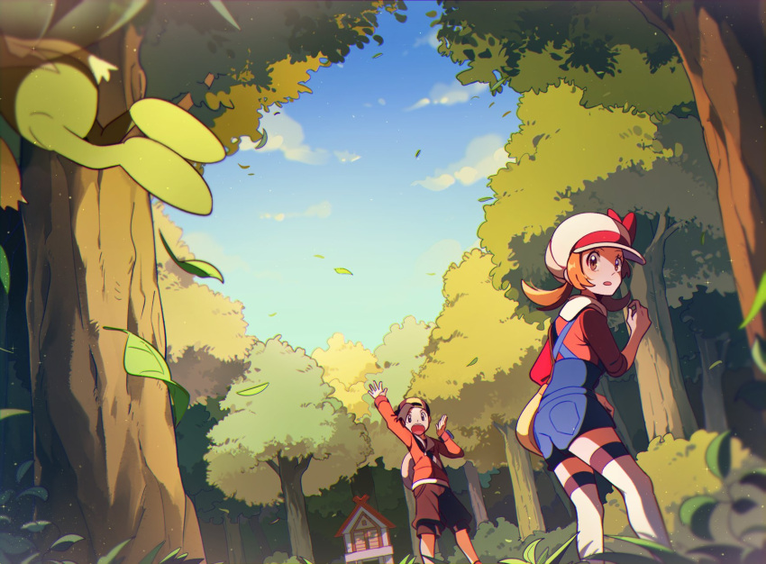 1boy 1girl backwards_hat black_hair blue_overalls blue_sky brown_hair cabbie_hat celebi ethan_(pokemon) falling_leaves forest grass hat highres ilex_forest leaf lyra_(pokemon) nature open_mouth outdoors overalls pokemon pokemon_(creature) pokemon_hgss red_shirt selyg15 shirt shorts shrine sky thigh-highs tree twintails white_hat white_thighhighs yellow_hat