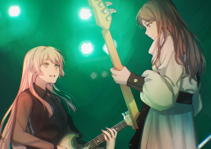 2girls absurdres bang_dream! bang_dream!_it's_mygo!!!!! black_dress blue_eyes brown_hair chihaya_anon chinese_commentary closed_mouth commentary_request dress fang grey_eyes guitar highres holding holding_guitar holding_instrument instrument long_hair looking_at_another multiple_girls muonrei00 music nagasaki_soyo open_mouth pink_hair playing_instrument see-through see-through_sleeves sidelocks skirt stage_lights sweater teeth upper_teeth_only white_skirt white_sweater