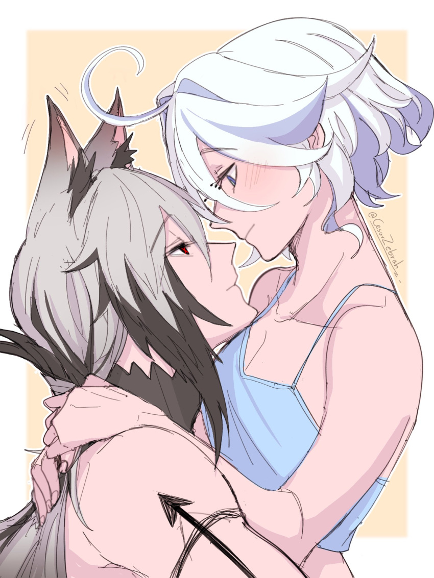 2girls ahoge alternate_costume animal_ear_fluff animal_ears arlecchino_(genshin_impact) artist_name bare_shoulders black_eyes black_hair blue_eyes blue_hair blue_tank_top border cesar_zebrah closed_mouth collarbone dog_ears drill_hair drill_sidelocks english_commentary furina_(genshin_impact) genshin_impact grey_hair hair_between_eyes highres kemonomimi_mode long_hair looking_at_another multicolored_hair multiple_girls no_headwear outside_border ponytail red_pupils short_hair sidelocks simple_background smile symbol-shaped_pupils tail tank_top two-tone_hair upper_body white_border white_hair x-shaped_pupils yellow_background yuri