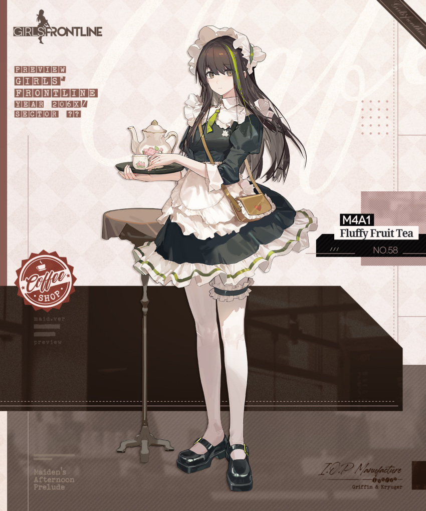 1girl apron bag black_dress black_footwear bonnet bridal_garter brown_background brown_bag brown_eyes brown_hair character_name closed_mouth commentary copyright_name cup dress english_commentary english_text full_body girls_frontline green_hair green_necktie hair_between_eyes handbag highres holding holding_cup holding_tray long_hair looking_at_viewer m4a1_(fluffy_fruit_tea)_(girls'_frontline) m4a1_(girls'_frontline) maid maid_apron mary_janes multicolored_background multicolored_hair necktie official_alternate_costume official_art pantyhose promotional_art puffy_sleeves second-party_source shoes short_necktie simple_background smile solo standing streaked_hair table teacup teapot tray umo_(mica_team) white_apron white_background white_pantyhose