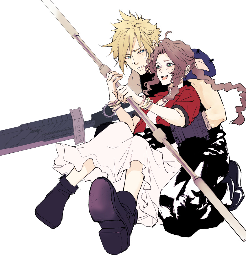 1boy 1girl absurdres aerith_gainsborough arm_around_waist armor bangle black_pants blonde_hair blue_eyes boots bracelet braid braided_ponytail brown_footwear brown_hair buster_sword cloud_strife colored_eyelashes couple cropped_jacket demi_co dress final_fantasy final_fantasy_vii final_fantasy_vii_rebirth final_fantasy_vii_remake full_body green_eyes hair_between_eyes hair_ribbon hetero highres holding holding_staff holding_sword holding_weapon jacket jewelry light_blush long_dress long_hair on_one_knee open_mouth pants parted_bangs parted_lips pink_dress pink_ribbon red_jacket ribbon shirt short_hair short_sleeves shoulder_armor sidelocks single_bare_shoulder single_braid single_shoulder_pad sleeveless sleeveless_shirt smile spiky_hair staff sweatdrop sword wavy_hair weapon white_background