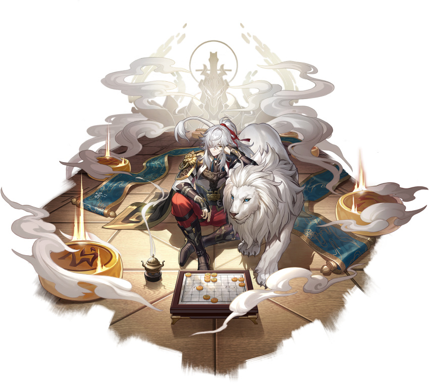 1boy belt black_belt black_footwear blue_eyes chinese_chess closed_mouth game_cg highres honkai:_star_rail honkai_(series) jing_yuan lion long_sleeves looking_at_viewer mole mole_under_eye non-web_source official_art pants red_pants scroll sitting transparent_background white_hair