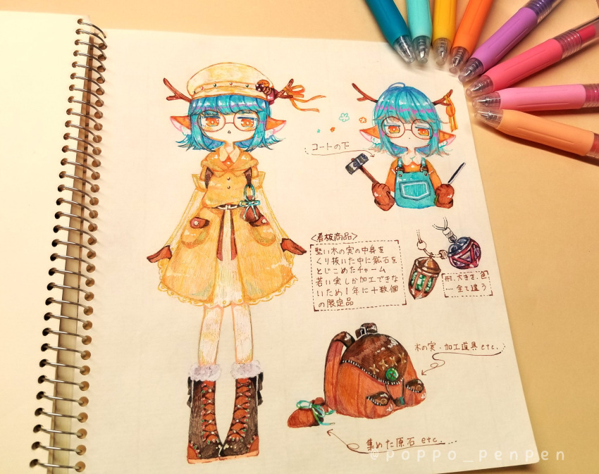1girl animal_ear_fluff animal_ears antlers arrow_(symbol) art_tools_in_frame backpack bad_id bad_twitter_id bag ballpoint_pen_(medium) blue_hair blue_overalls boots bright_pupils brown_footwear brown_gloves brown_horns buttons cabbie_hat charm_(object) commentary_request cross-laced_footwear dot_mouth dress file_(tool) full_body fur-trimmed_boots fur_trim glasses gloves green_ribbon hammer hands_up hat highres holding holding_hammer holding_tool horn_ornament horn_ribbon horns lace-up_boots looking_at_viewer medium_hair multiple_views orange-framed_eyewear orange_dress orange_eyes orange_ribbon orange_shirt original overalls parted_lips photo_(medium) piyoko9494 pocket reference_sheet ribbon round_eyewear sack shirt standing straight-on traditional_media translation_request triangle_mouth twitter_username watermark white_pupils yellow_headwear