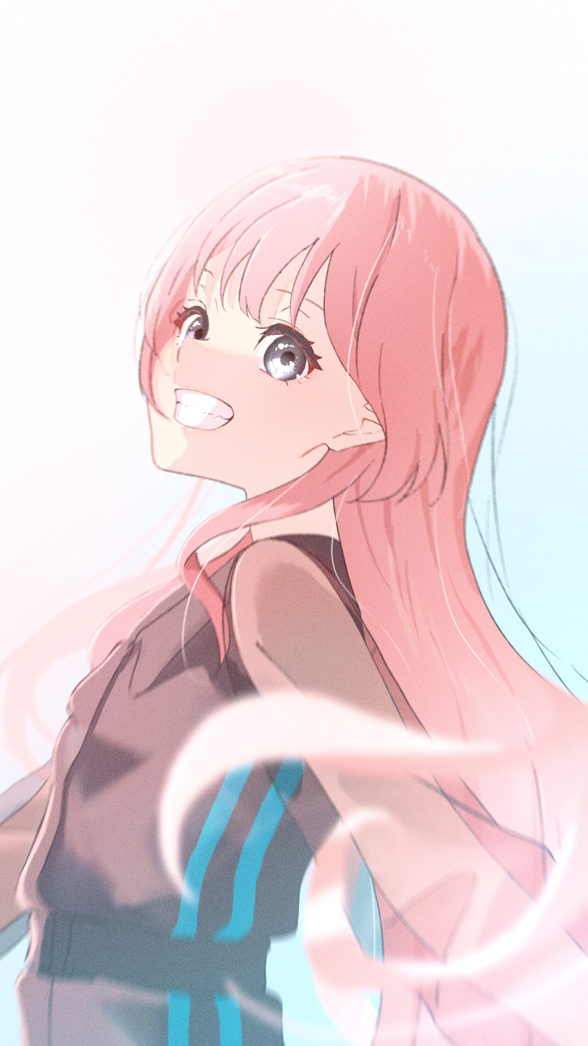 1girl absurdres bang_dream! bang_dream!_it's_mygo!!!!! black_dress blue_background chihaya_anon dress gradient_background grey_eyes grin highres long_hair long_sleeves looking_at_viewer pink_hair see-through see-through_sleeves shu_atelier smile solo upper_body white_background