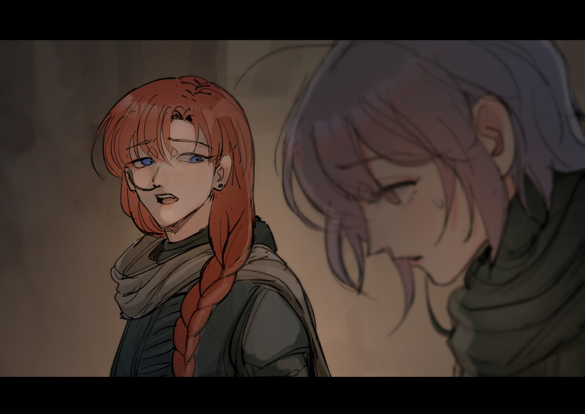 2girls blue_eyes blurry blurry_foreground braid commentary dune_(series) earrings english_commentary highres jewelry letterboxed long_hair maybecrosswise multiple_girls nose_tube open_mouth original purple_hair redhead single_braid stud_earrings sweatdrop