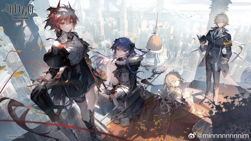 1boy 3girls arknights bird black_footwear black_gloves black_jacket black_skirt blue_eyes blue_hair book boots bridge building cecelia_(arknights) chinese_commentary closed_mouth coffee_cup company_name copyright_name cup demon_horns disposable_cup dome dress enforcer_(arknights) fiammetta_(arknights) fur_trim gloves grey_hair hair_over_one_eye halo highres holding holding_book horns jacket logo long_hair long_sleeves looking_at_viewer looking_back min_(120716) mostima_(arknights) multiple_girls necktie on_roof open_clothes outdoors pants red_eyes redhead rooftop shirt short_hair sitting skirt smile standing tail thigh_strap weapon weibo_logo weibo_username white_shirt