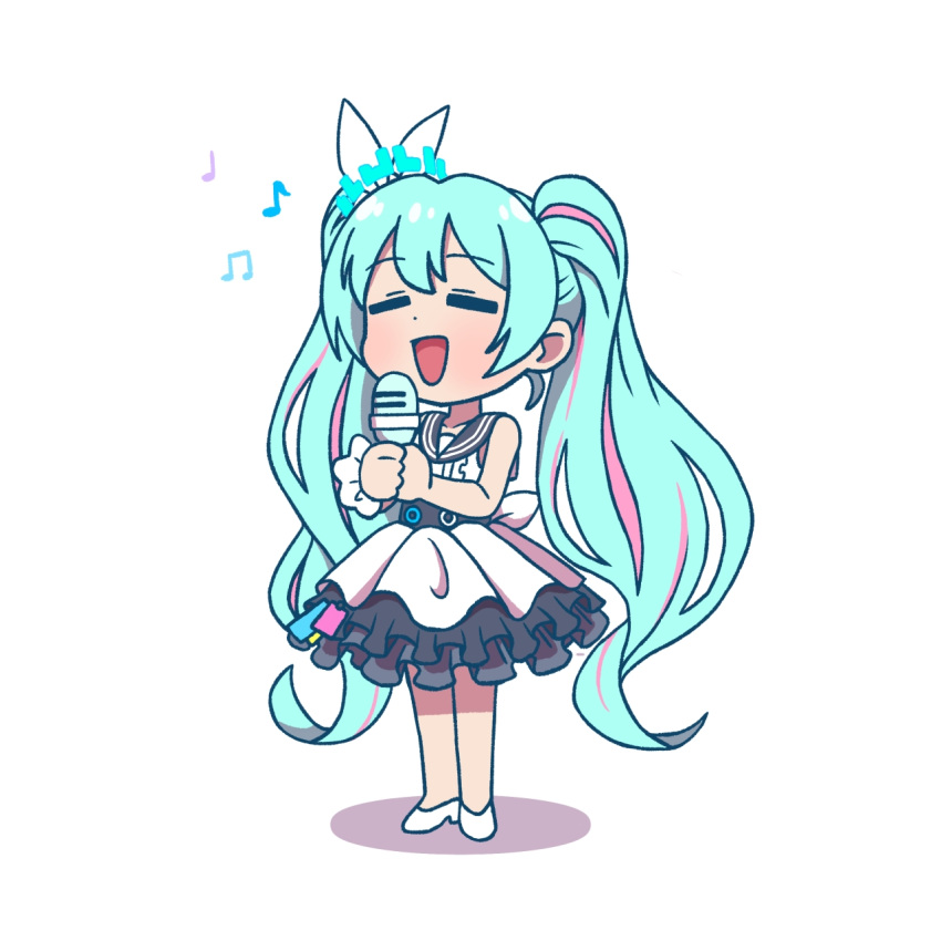 1girl blue_archive blue_hair blue_halo bow dress flower full_body hair_bow halo hatsune_miku highres holding holding_microphone microphone shoes sleeveless sleeveless_dress solo washin white_bow white_dress white_flower