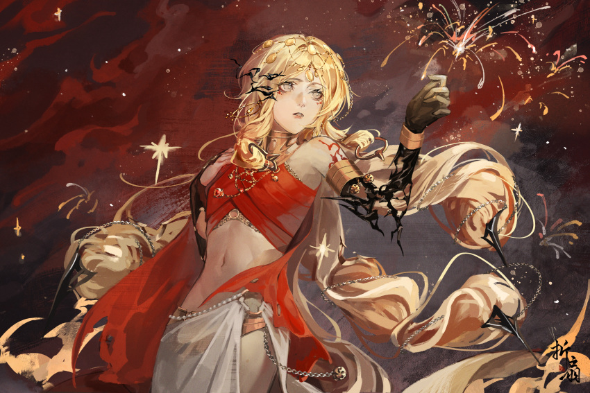 1girl absurdres armlet bare_shoulders black_gloves blonde_hair body_markings breasts chain chain_necklace chinese_commentary clouds commentary cowboy_shot crop_top elbow_gloves facial_mark fireworks forehead_jewel gem gloves gold_armlet grey_eyes hand_on_own_chest hand_up hestia_(path_to_nowhere) highres jewelry linea_alba long_hair looking_to_the_side low-tied_long_hair low-tied_sidelocks navel necklace open_mouth parted_bangs path_to_nowhere pelvic_curtain red_gemstone red_shirt red_sky shirt signature sky sleeveless sleeveless_shirt small_breasts solo sparks star_(sky) stomach teeth upper_teeth_only zheshanshan