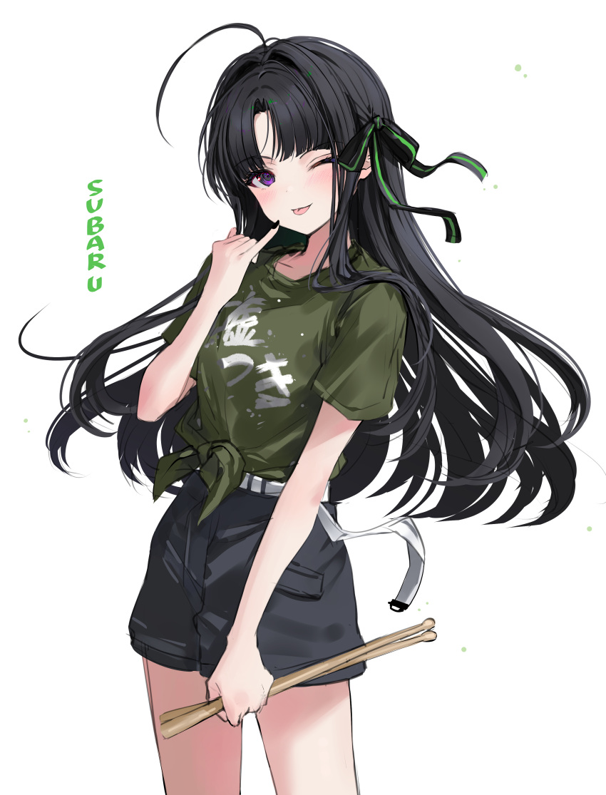 1girl absurdres ahoge awa_subaru belt black_hair black_nails black_ribbon black_shorts blush c0m3_as_y0u_ar3 character_name clothes_writing commentary cowboy_shot drumsticks floating_hair girls_band_cry green_shirt hair_ribbon hair_spread_out hashtag-only_commentary highres holding holding_drumsticks long_hair looking_at_viewer nail_polish one_eye_closed parted_bangs pinky_out ribbon shirt short_sleeves shorts simple_background solo tied_shirt translation_request violet_eyes white_background white_belt