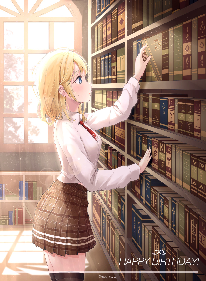 1girl absurdres artist_name blonde_hair blue_eyes book brown_skirt brown_thighhighs collared_shirt from_side hair_between_eyes hair_over_shoulder happy_birthday harukix high-waist_skirt highres holding holding_book hololive indoors leaning_on_object lens_flare library light_blush light_particles light_rays looking_at_object medium_hair necktie open_mouth plaid plaid_skirt pleated_skirt red_necktie shadow shirt short_necktie sidelocks skirt sunbeam sunlight thigh-highs virtual_youtuber watson_amelia watson_amelia_(1st_costume) white_shirt window wooden_floor