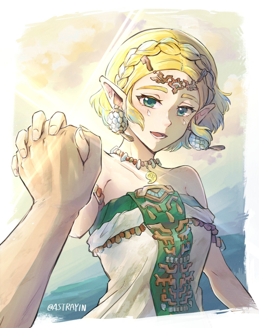1girl 1other :d armlet artist_name astrayin bare_shoulders blonde_hair blush border braid circlet clouds collarbone commentary_request crown_braid day dress earrings eyelashes facial_mark forehead green_dress green_eyes highres holding_hands interlocked_fingers jewelry looking_at_viewer lower_teeth_only magatama magatama_necklace necklace open_mouth outside_border outstretched_hand parted_bangs pointy_ears pov pov_hands princess_zelda short_hair sidelocks single_braid sky smile solo_focus strapless strapless_dress sun teardrop_facial_mark teeth the_legend_of_zelda the_legend_of_zelda:_tears_of_the_kingdom twitter_username upper_body white_border white_dress yellow_sky