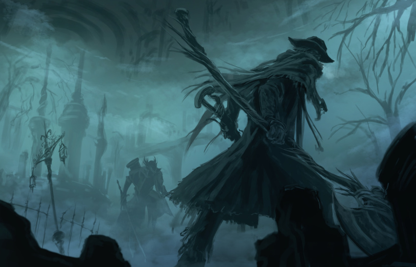 2boys axe bare_tree bloodborne blue_theme bonnet burial_blade coat dual_wielding faceoff father_gascoigne fog hat highres holding holding_axe hunter_(bloodborne) lantern long_coat mask monochrome mouth_mask multiple_boys saw saw_cleaver scarf short_hair standing tenmaso tower tree tricorne weapon white_hair