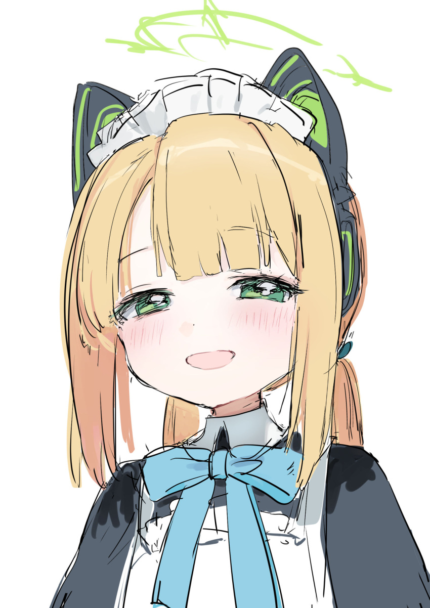 1girl animal_ear_headphones animal_ears apron black_dress blonde_hair blue_archive blush dress fake_animal_ears green_eyes green_halo halo headphones highres looking_at_viewer maid_apron midori_(blue_archive) midori_(maid)_(blue_archive) official_alternate_costume open_mouth short_hair simple_background sketch smile solo upper_body white_apron white_background yanyo_(ogino_atsuki)