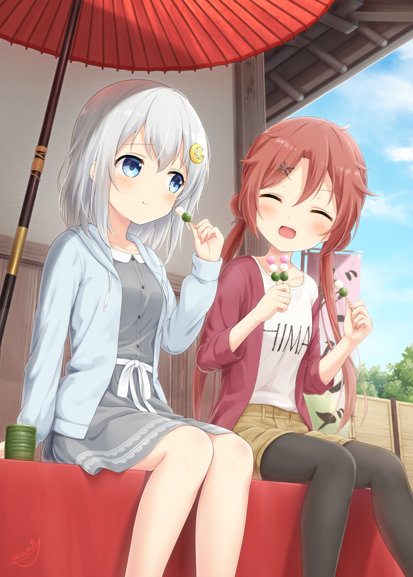 2girls ^_^ absurdres banner black_pantyhose blue_eyes blue_jacket blue_sky blush brown_shorts closed_eyes closed_mouth clothes_writing collarbone collared_dress commentary_request crescent cup dango double_bun dress eating food grey_hair grey_skirt hair_bun hair_ornament hand_rest highres hood hooded_jacket jacket looking_at_another low_twintails medium_hair medium_skirt multiple_girls nobori oil-paper_umbrella open_mouth original pantyhose red_jacket redhead ribbon sanshoku_dango shirt shorts sidelocks signature sitting skirt sky smile star_(symbol) star_hair_ornament t-shirt twintails umbrella wagashi waist_ribbon white_ribbon white_shirt x_hair_ornament yunomi yutuki_ame