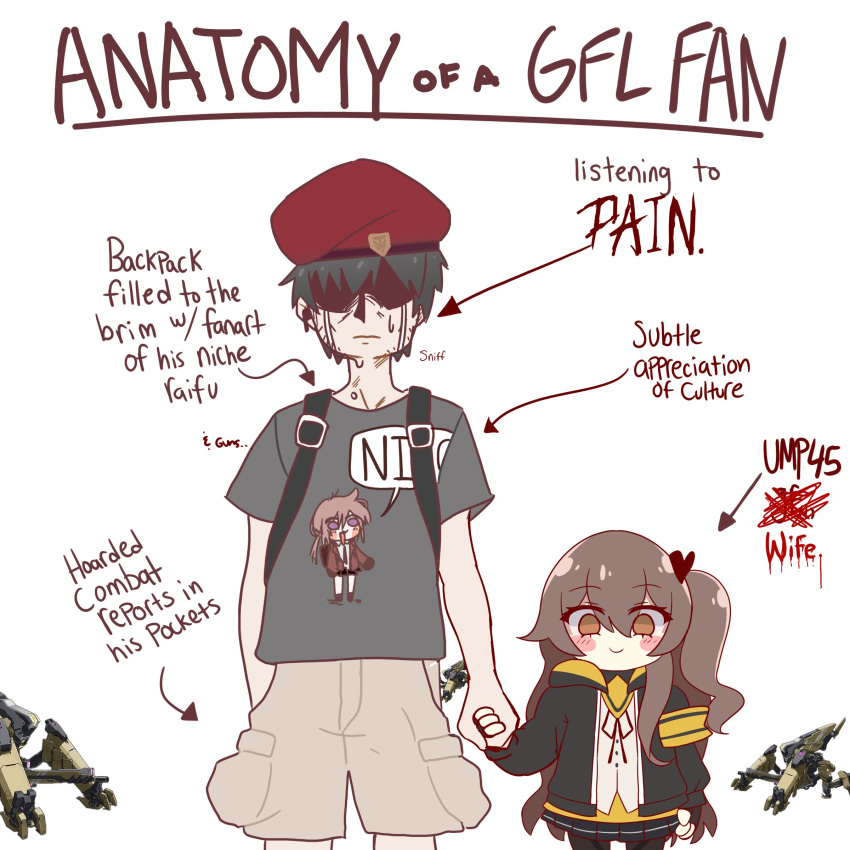 1boy 1girl :3 absurdres anatomy_of_a_gamer_(meme) arms_at_sides arrow_(symbol) beret black_hair black_jacket black_skirt blush_stickers brown_hair brown_pants cargo_pants closed_mouth commander_(girls'_frontline) commentary cowboy_shot crying english_commentary english_text girls_frontline grey_shirt hair_between_eyes hat height_difference highres holding_hands hood hooded_jacket jacket long_hair long_sleeves looking_at_viewer meme microskirt open_clothes open_jacket orange_eyes pants pleated_skirt red_beret robot shaded_face shirt short_hair short_sleeves side-by-side side_ponytail simple_background skirt smart_oval smile standing straight-on streaming_tears t-shirt tears ump45_(girls'_frontline) white_background